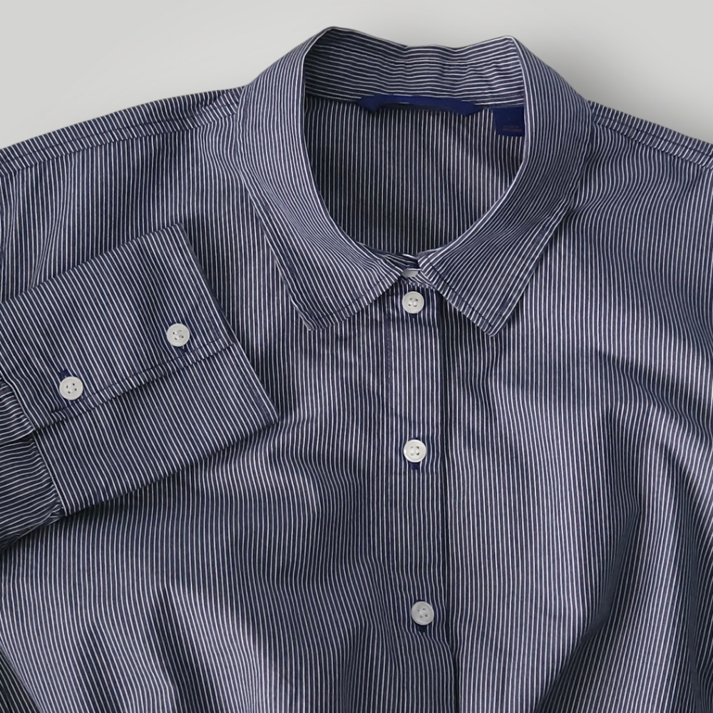 GAP Womens Large Cropped Pinstripe Shirt Navy Blue Office Siren Quiet Luxury 100 - Picture 2 of 9